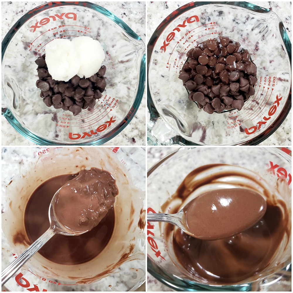 Mixing chocolate and coconut oil together to make an ice cream shell.