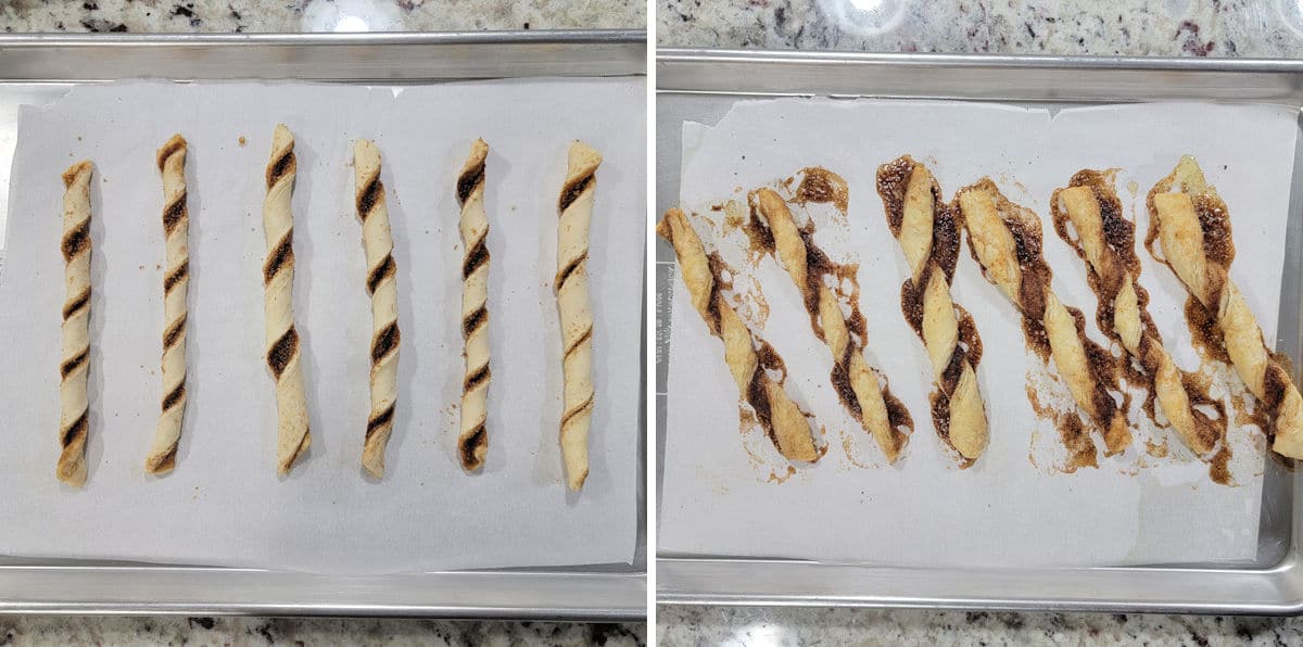 Puff pastry cinnamon twists before and after baking.