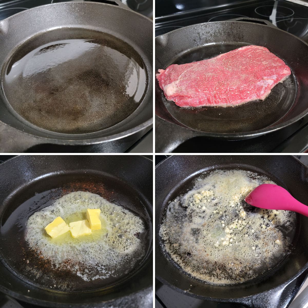 Cooking a flank steak in a cast iron pan.