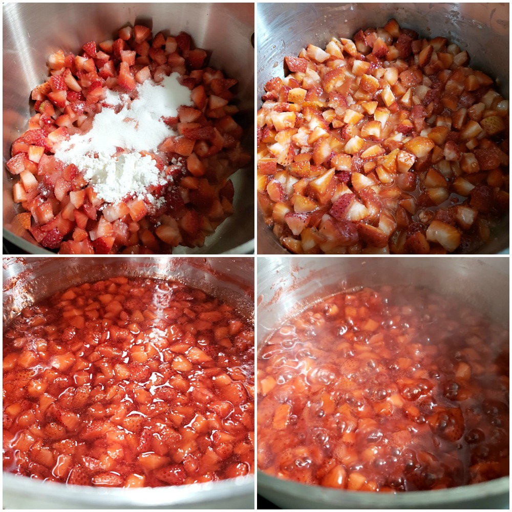 Strawberries cooking down in a sauce pan.