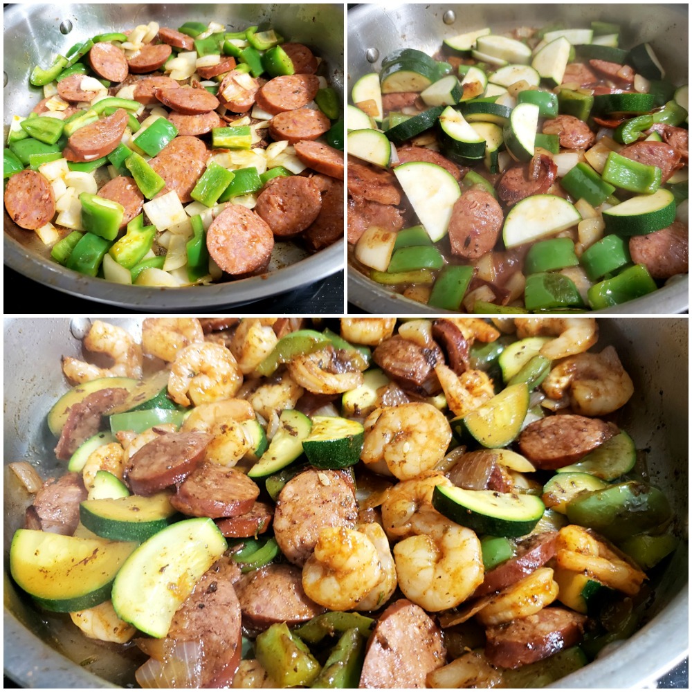 Sausage and veggies sauteeing in a pan.