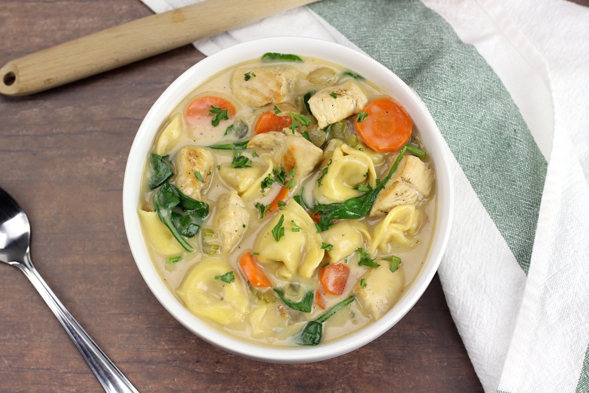 Tortellini, spinach, and chicken in a creamy broth.