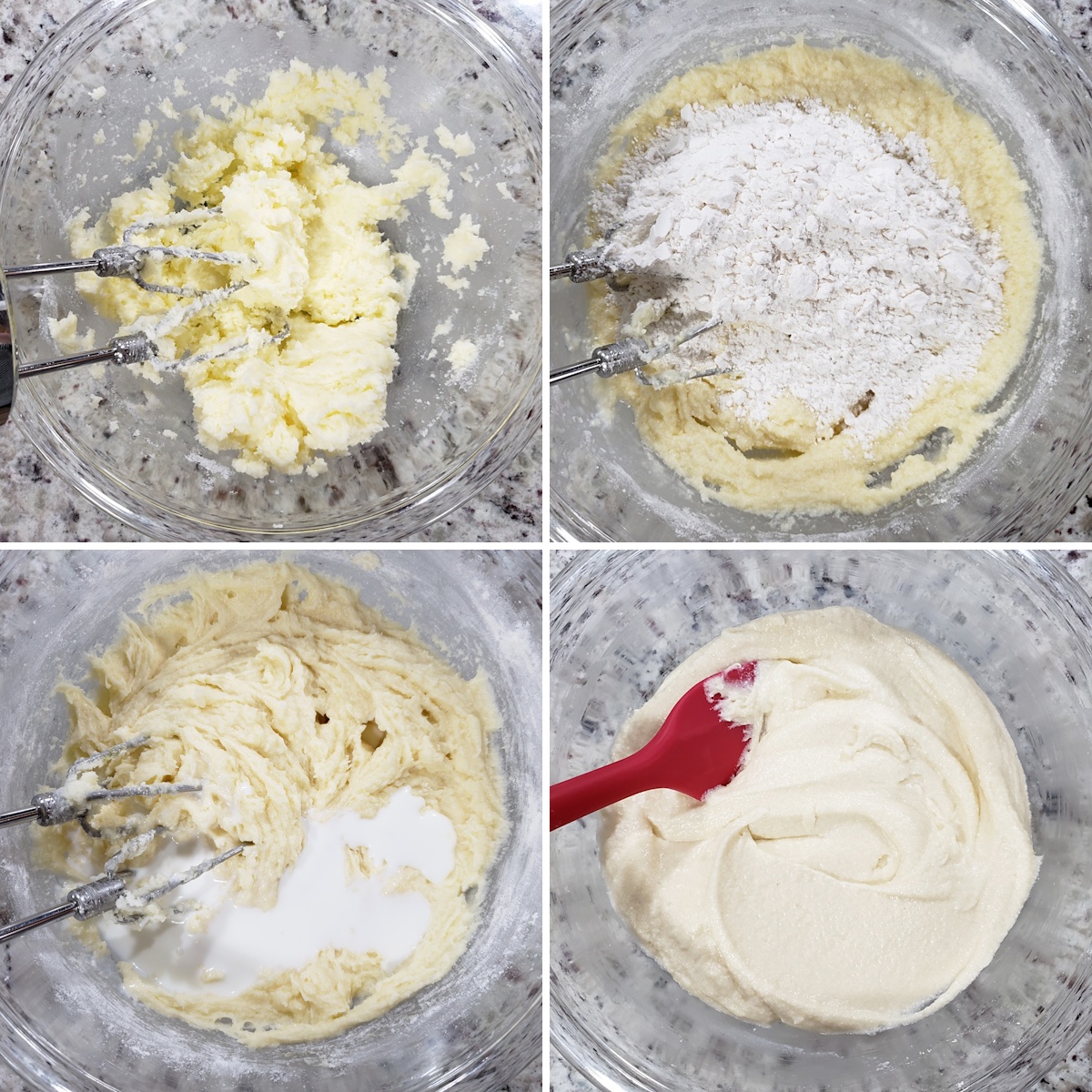 Mixing cupcake batter in a glass bowl.