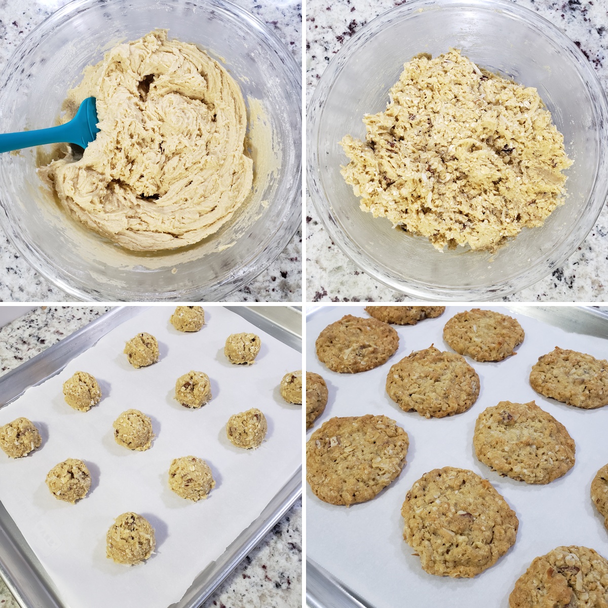 Mixing cookie dough and scooping onto a baking sheet.