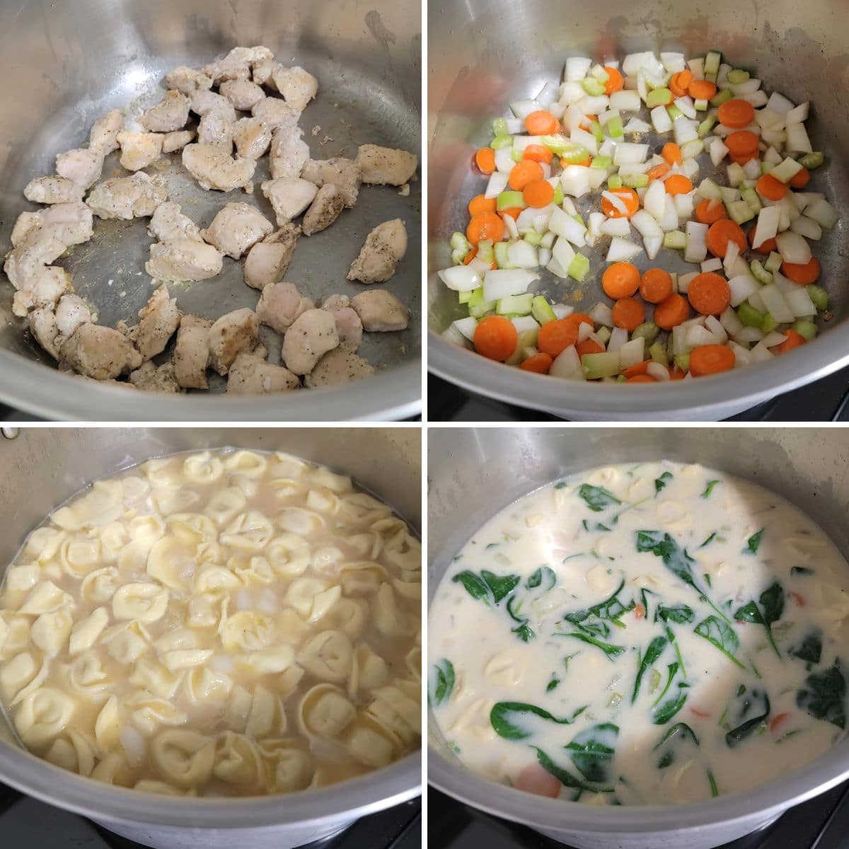 Making creamy chicken tortellini soup in a stock pot.