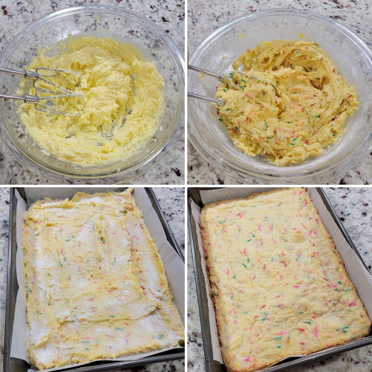Making funfetti sugar cookie batter and baking in a 9x13 pan.