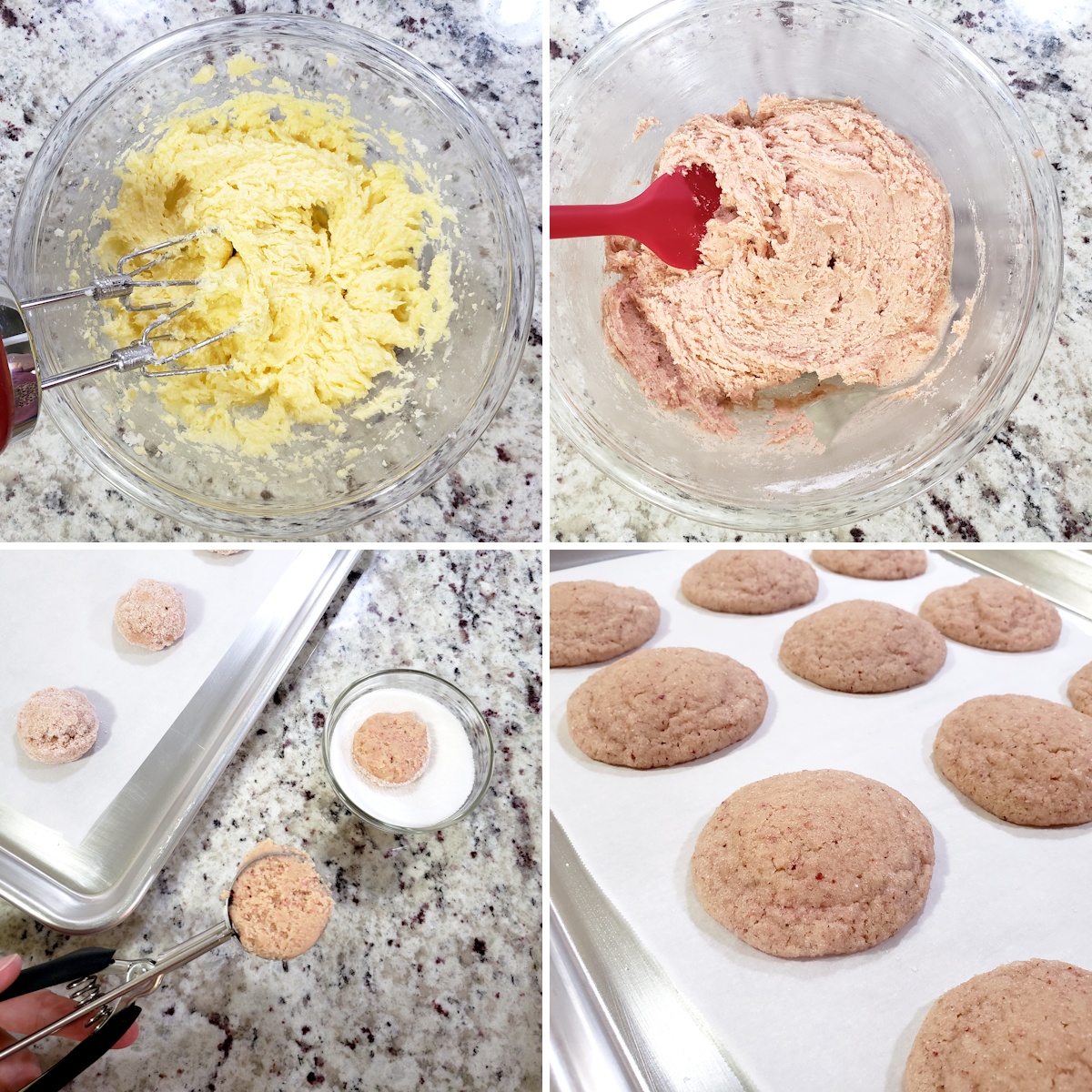 Mixing and baking strawberry cookies.