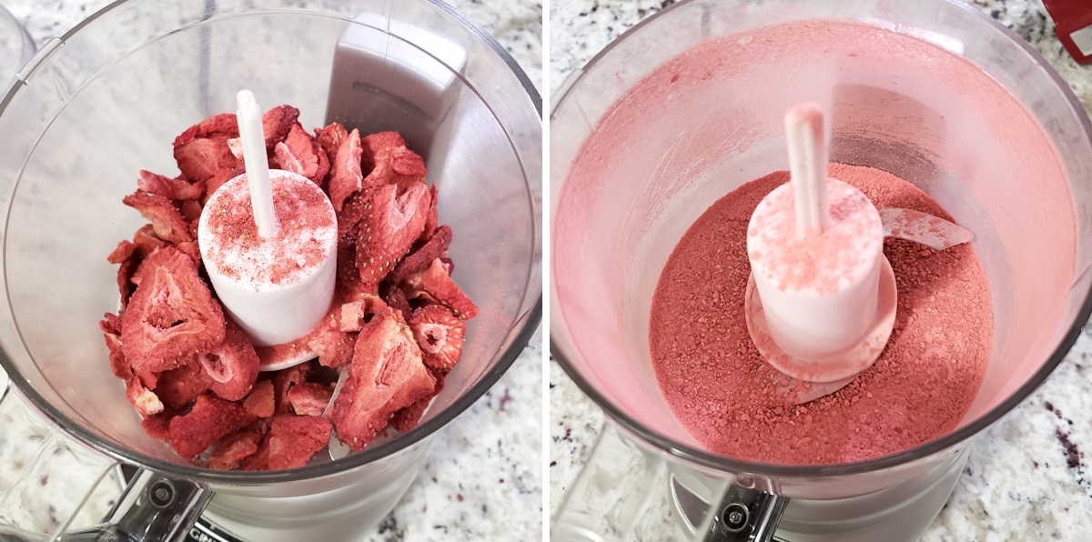 Grinding freeze-dried strawberries in a food processor.