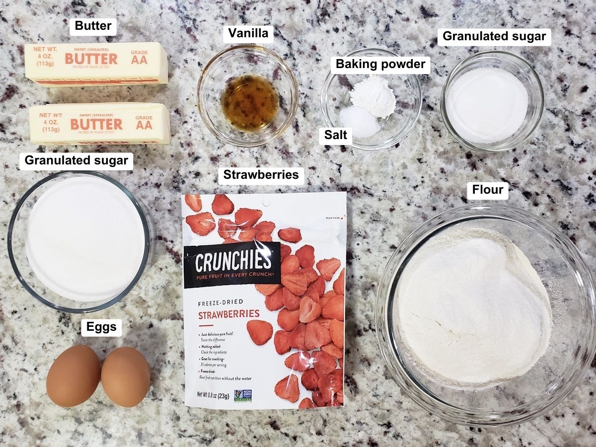 Ingredients to make strawberry sugar cookies.