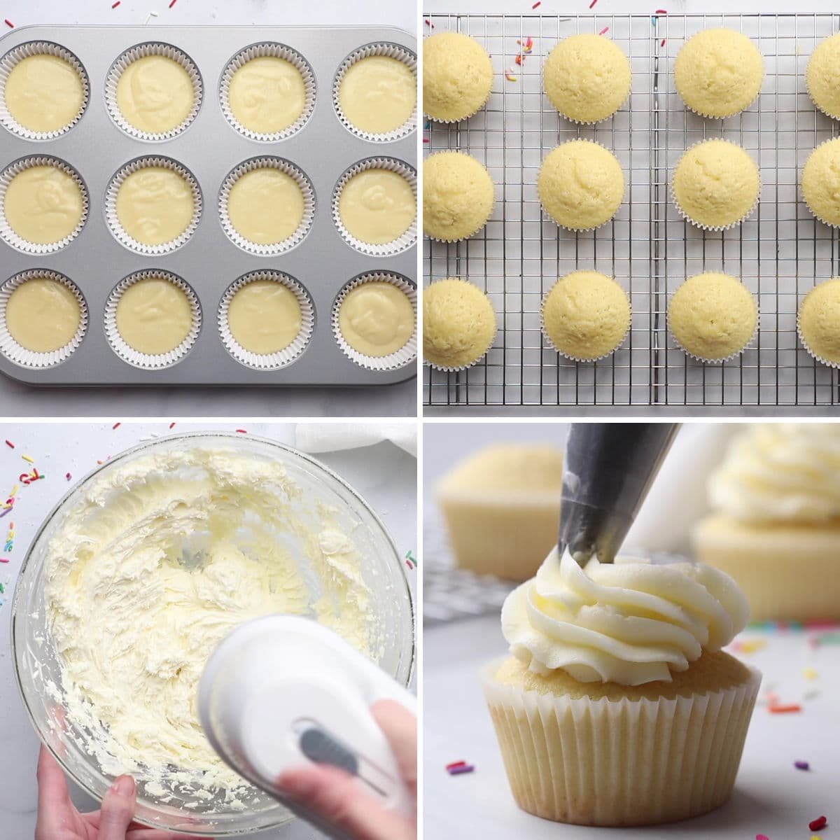 Baking and frosting a batch of vanilla cupcakes.