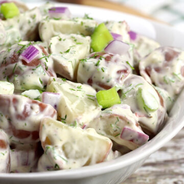 Potatoes, celery, and onion with a creamy sauce.