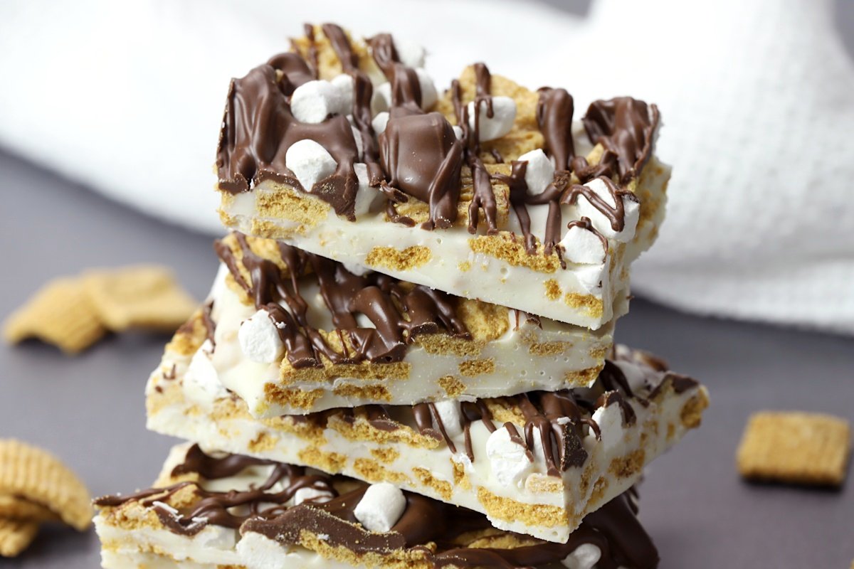 S'mores bark pieces stacked on top of one another.