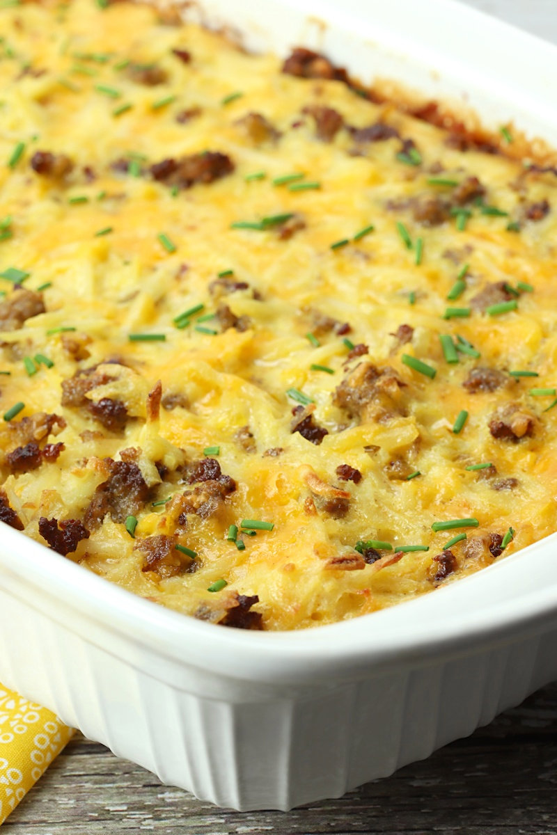 Hash brown casserole topped with chives