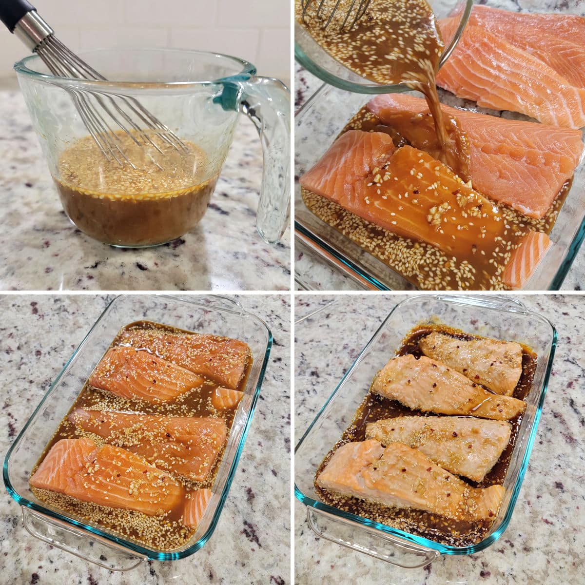 Making teriyaki salmon in a glass baking dish.