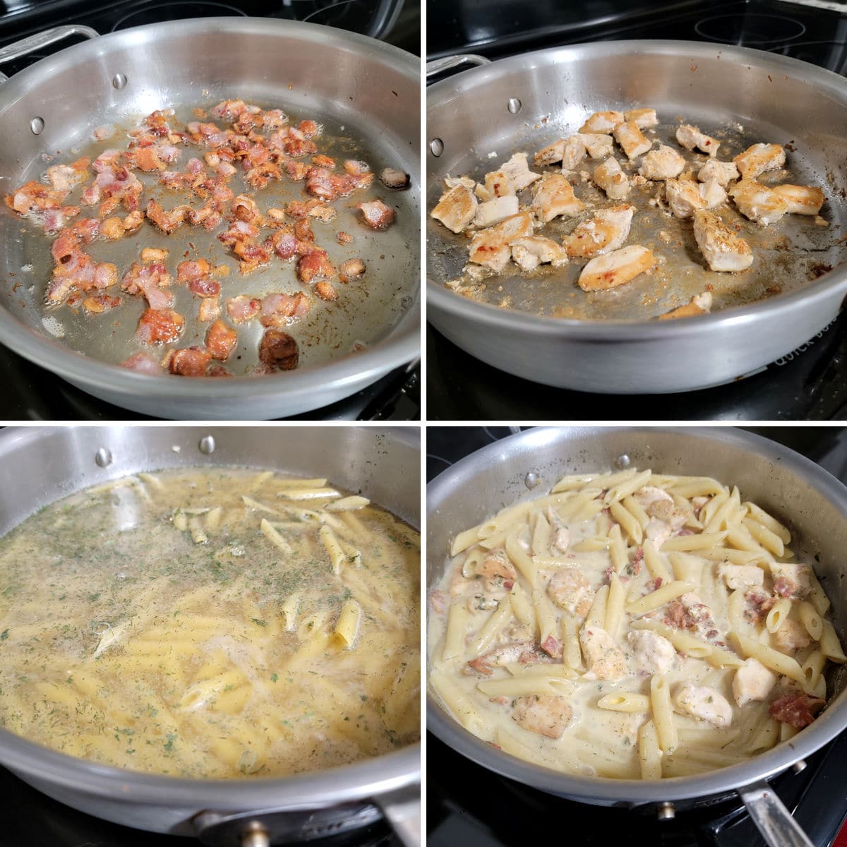 Cooking chicken bacon ranch pasta in a saute pan on the stovetop.