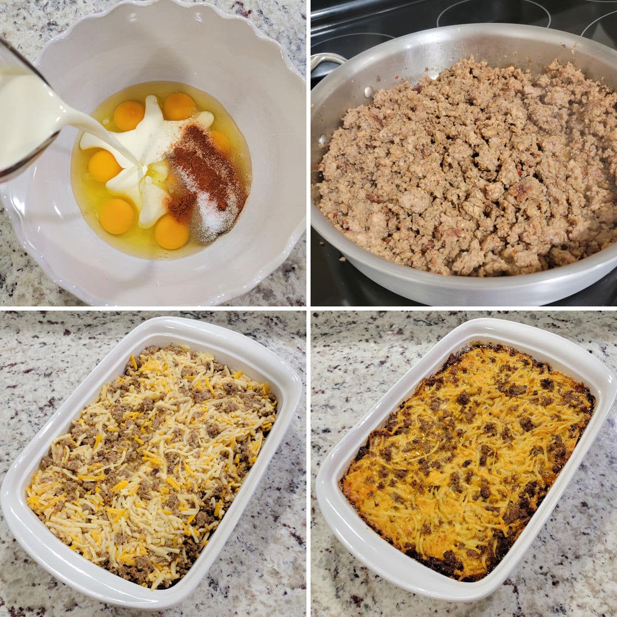 Assembling hash brown breakfast casserole ingredients and baking in a casserole dish.