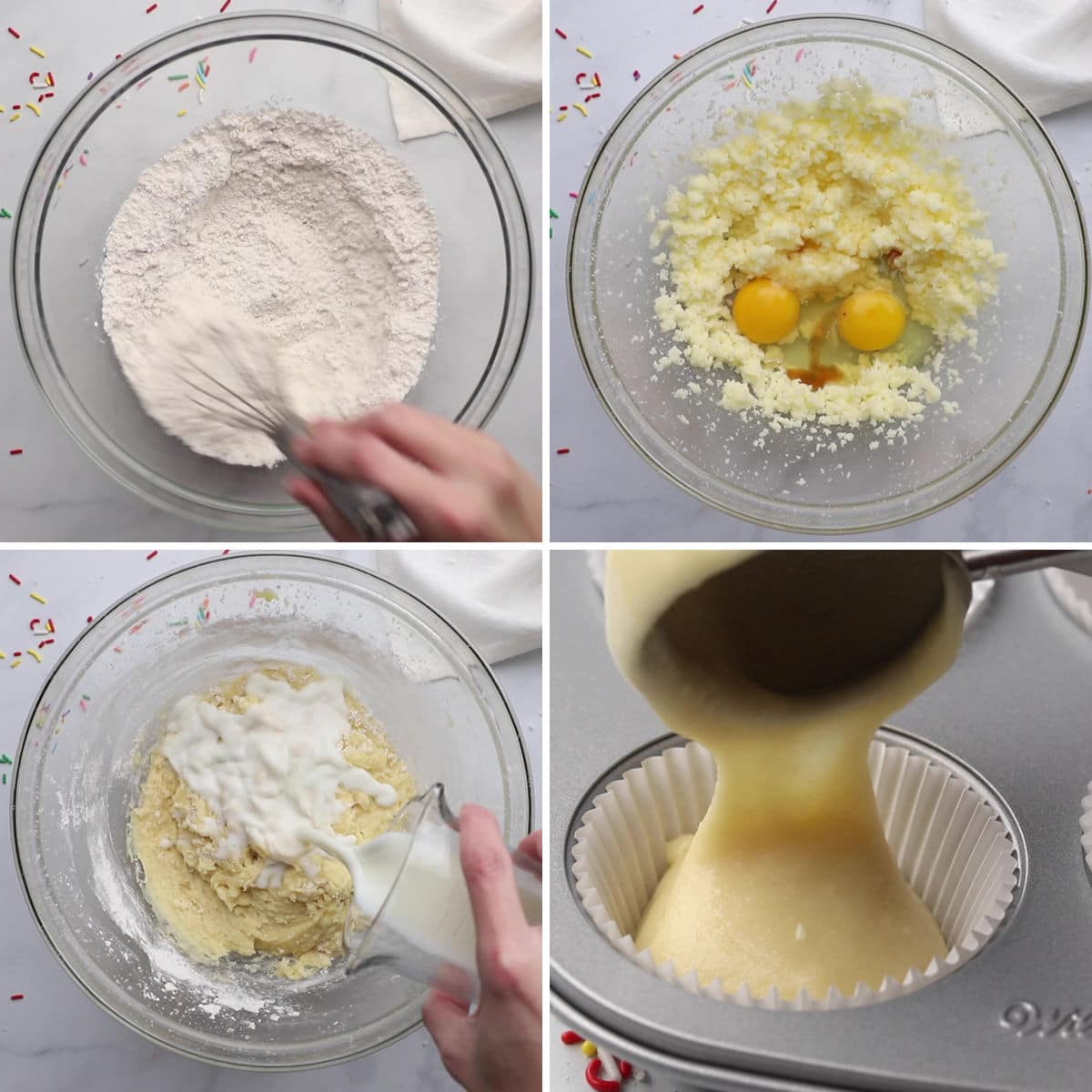 Mixing vanilla cupcake batter in a glass bowl.