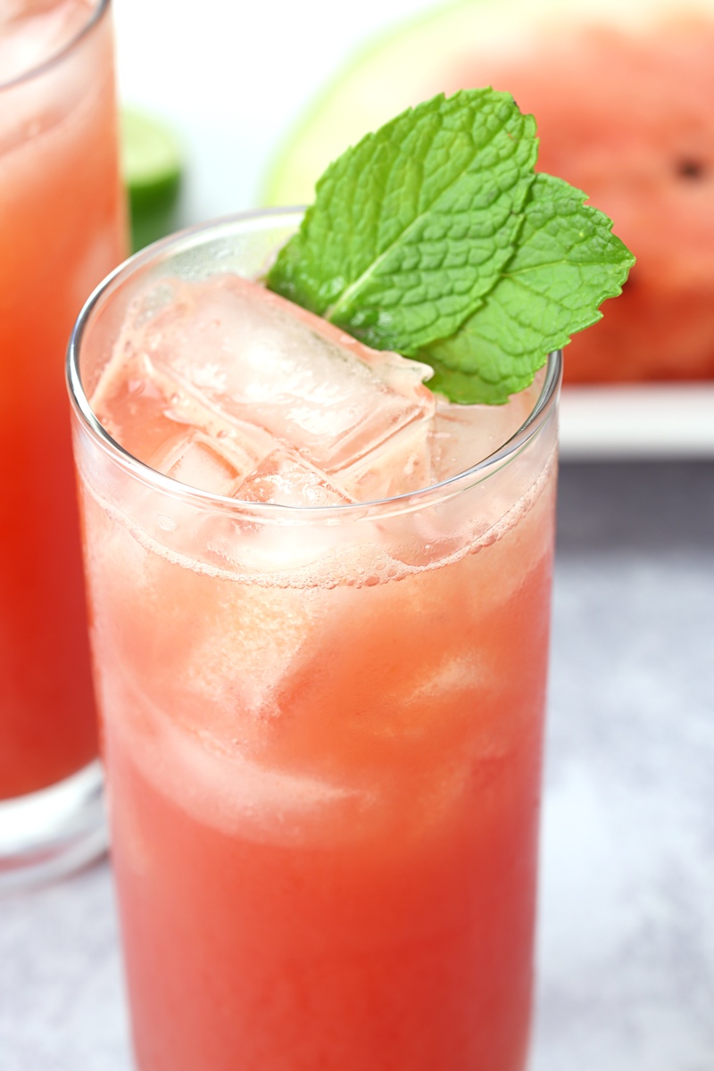 Close up of cocktail in a highball glass, with mint leaves