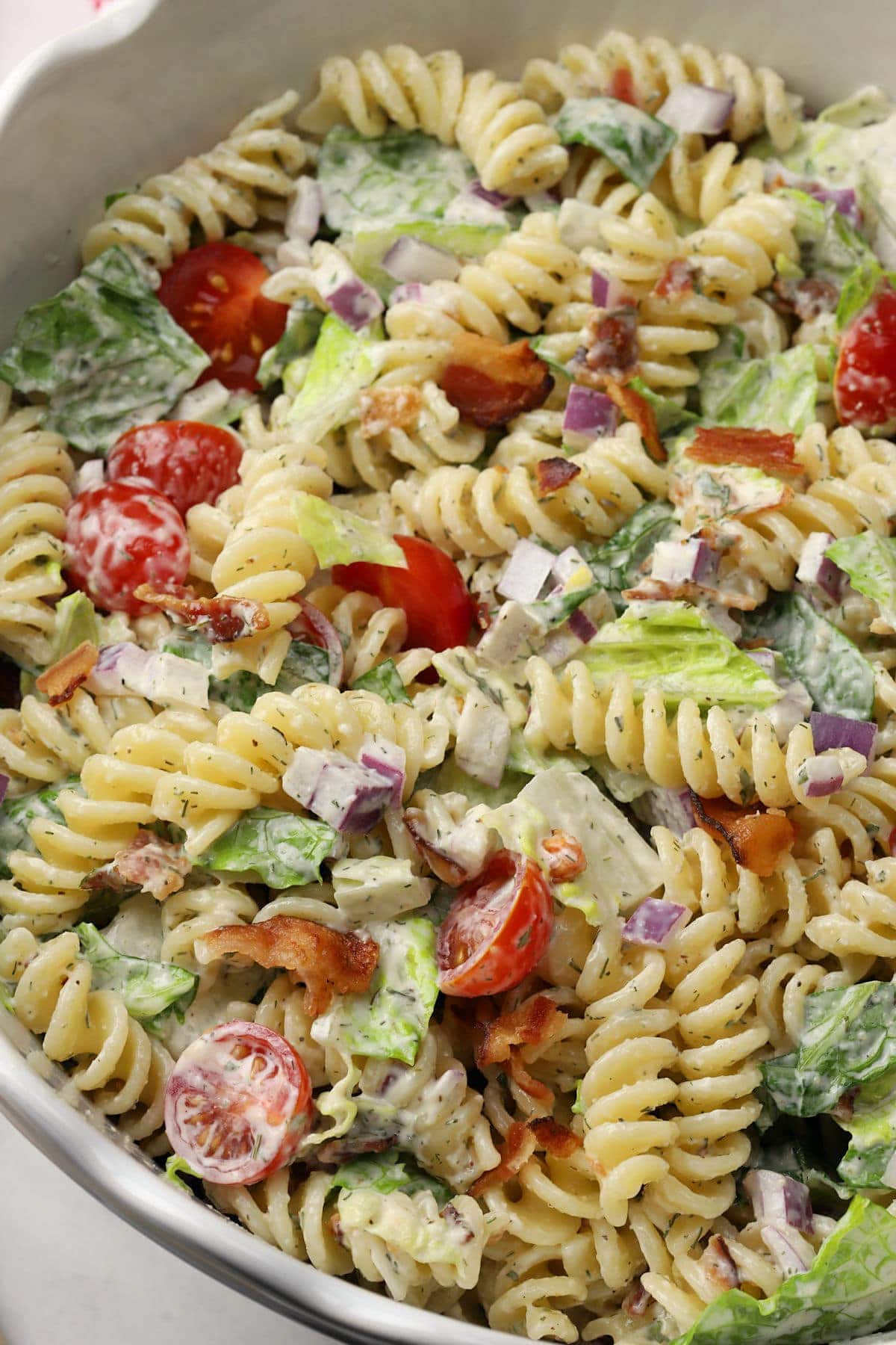 Close up of BLT pasta salad.