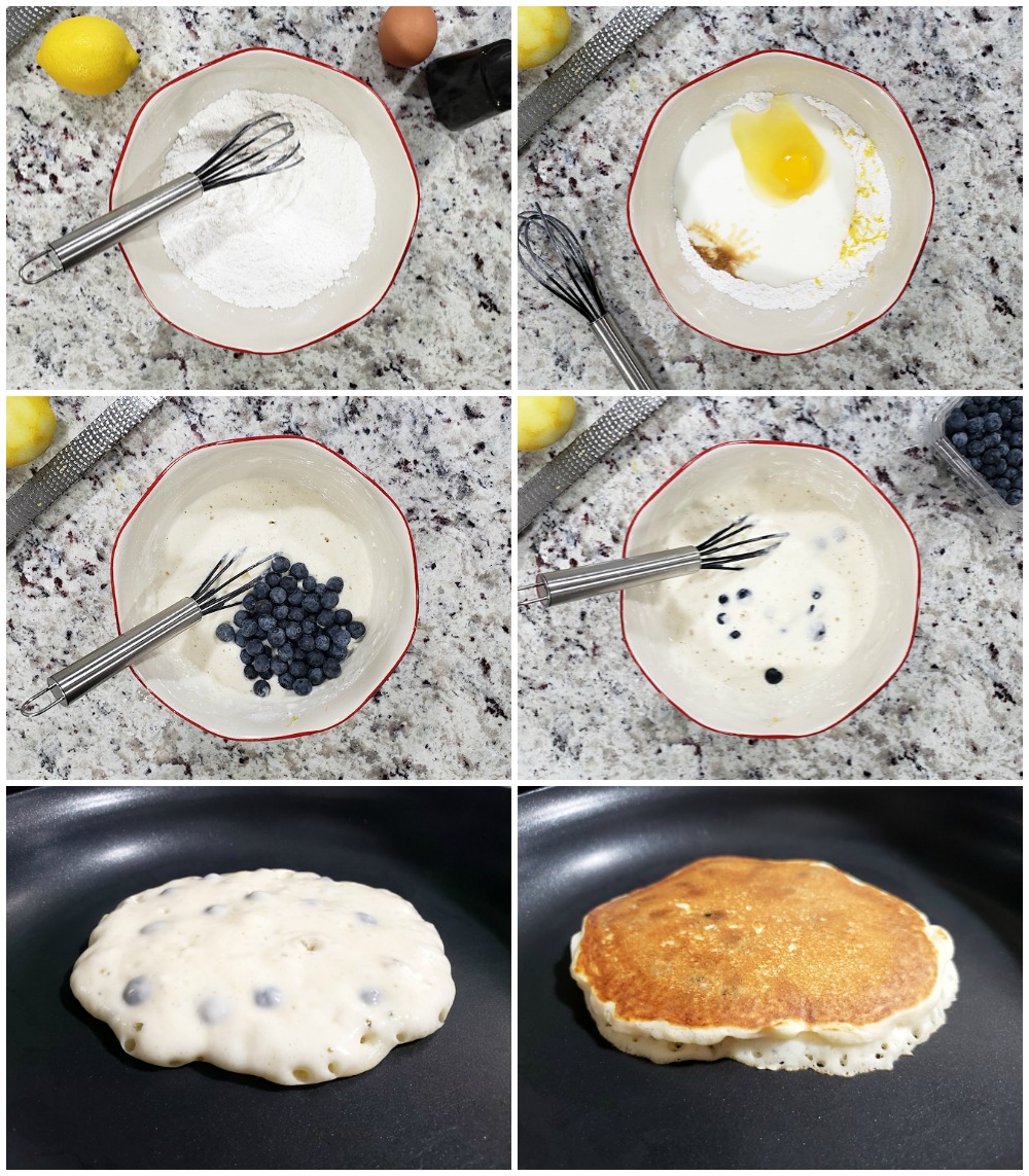 Step by step process of making blueberry pancakes.