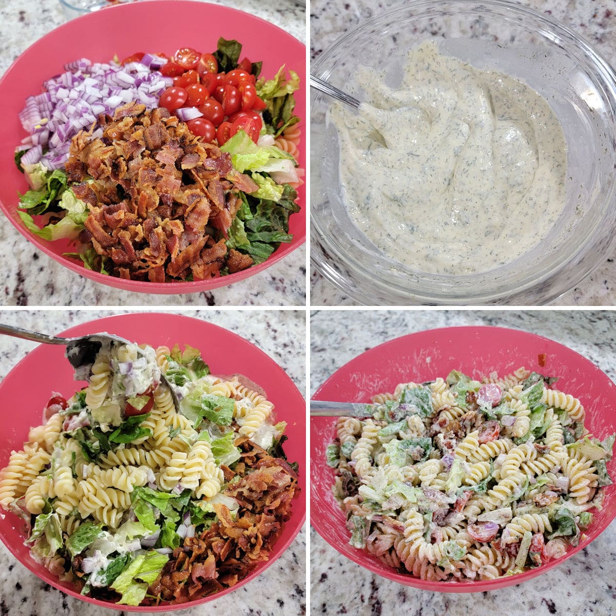 Assembling a BLT pasta salad in a red bowl.