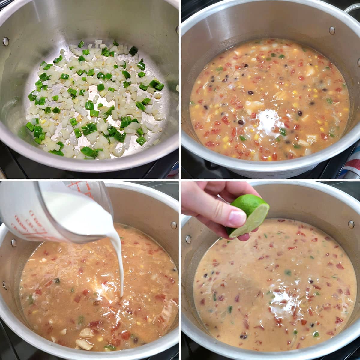 Making creamy chicken tortilla soup in a stock pot.
