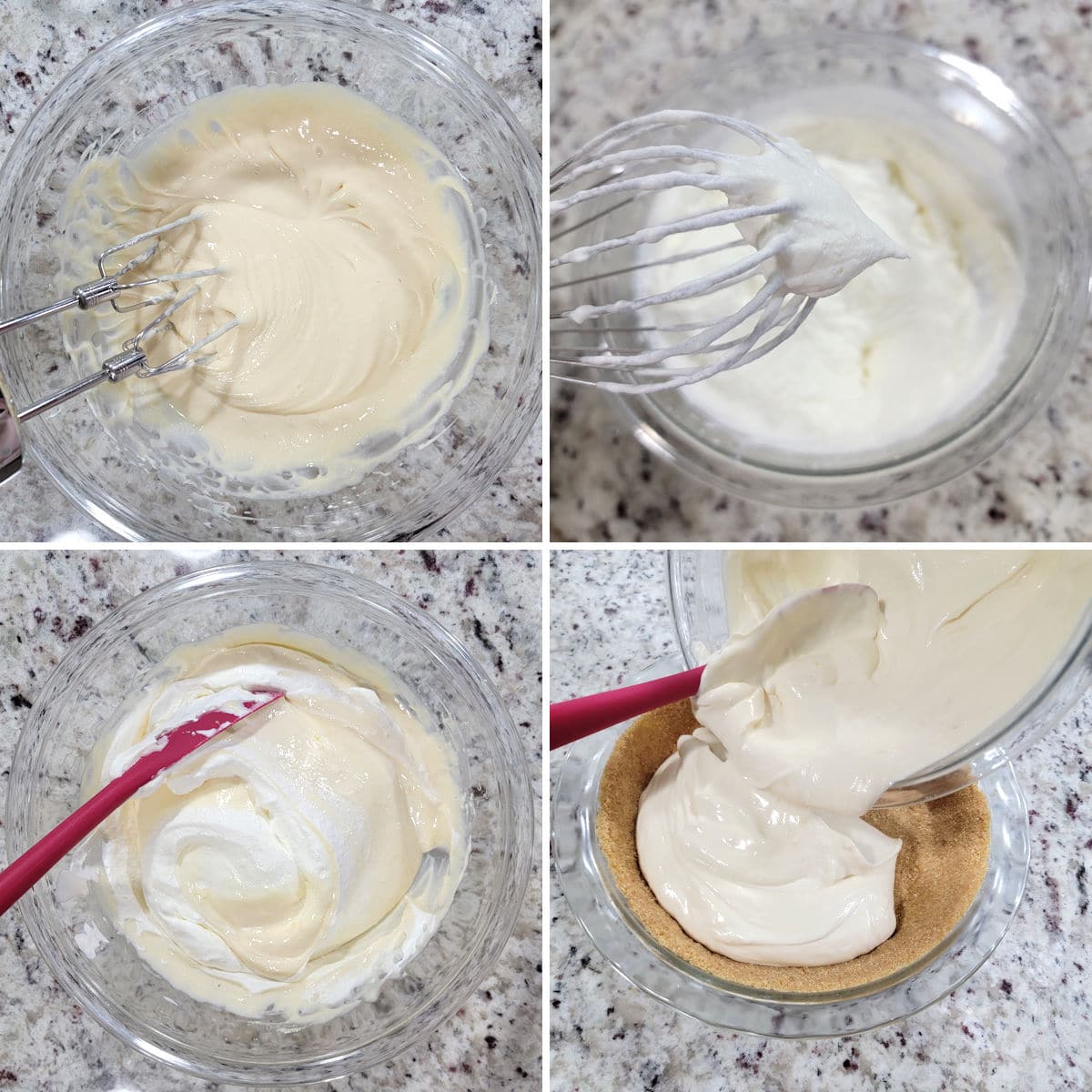 Making lemon icebox pie filling and pouring into a graham cracker crust.