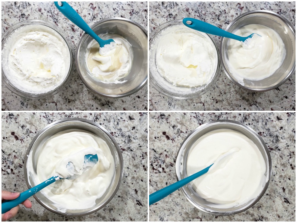 Combining heavy cream with sweetened vanilla mixture.