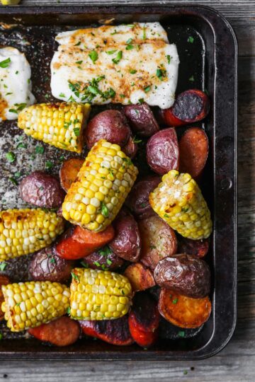 Roast Halibut with Red Potatoes, Corn, and Andouille
