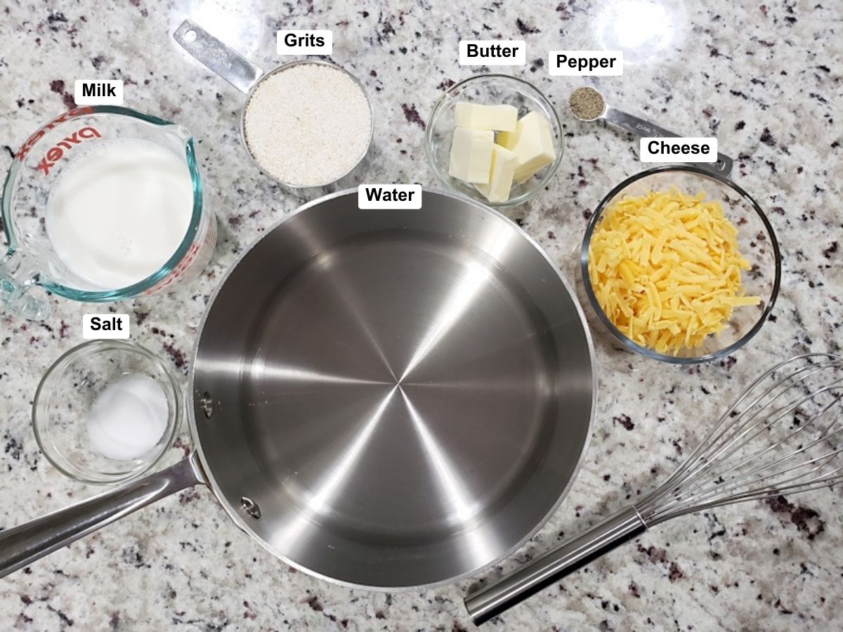 Ingredients for grits on a counter top.