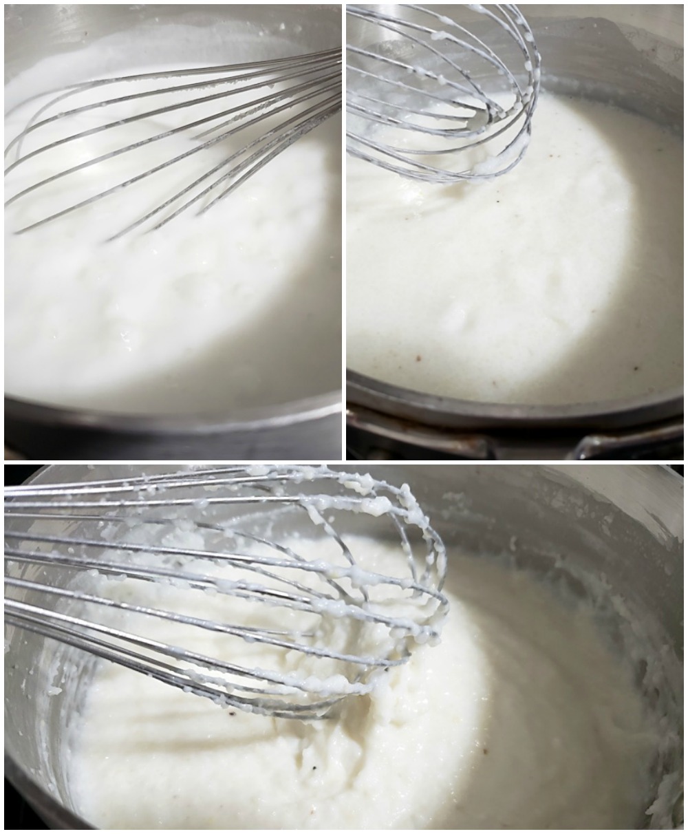 Whisking grits.