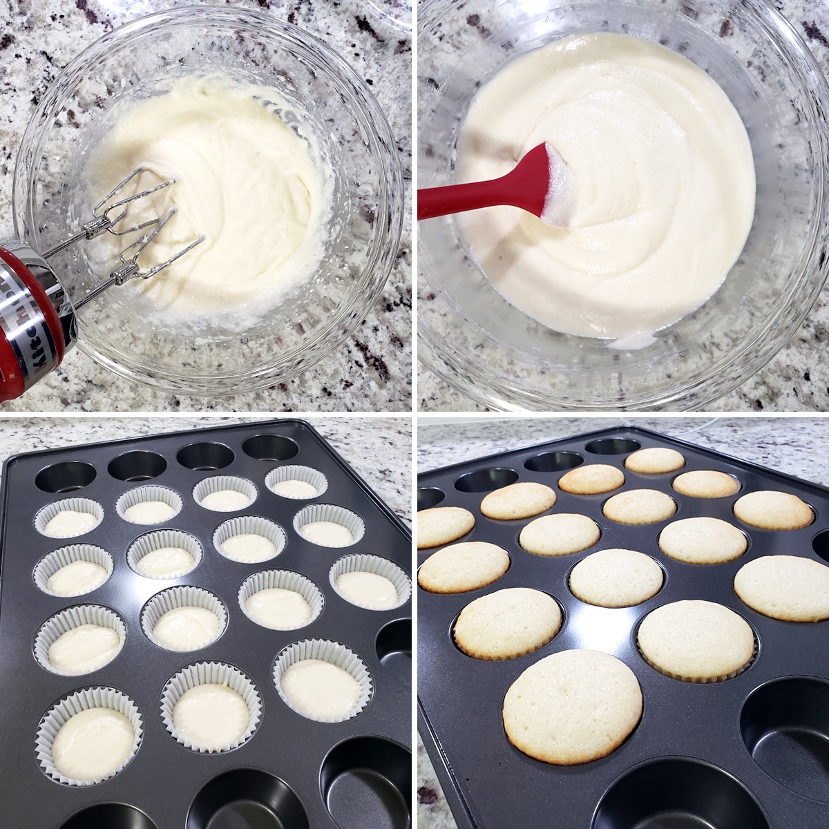 Mixing cupcake batter and pouring into a cupcake pan.