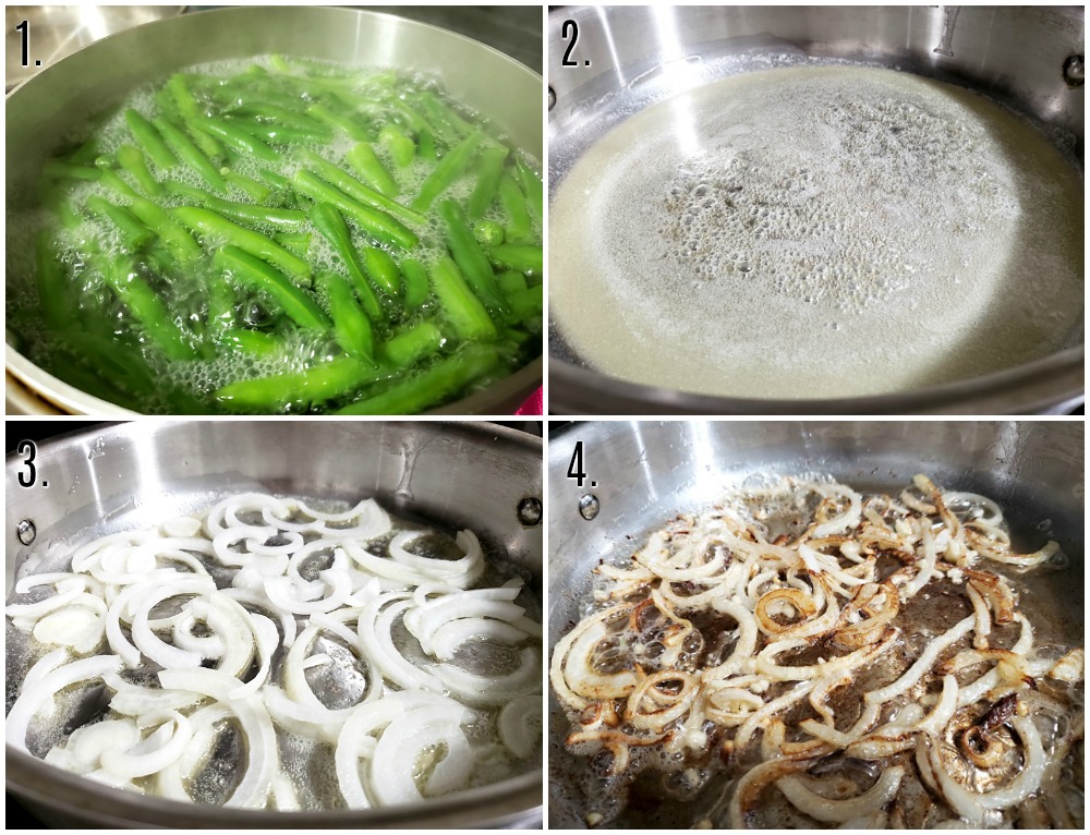 Cooking green beans and onions in pans on the stovetop.