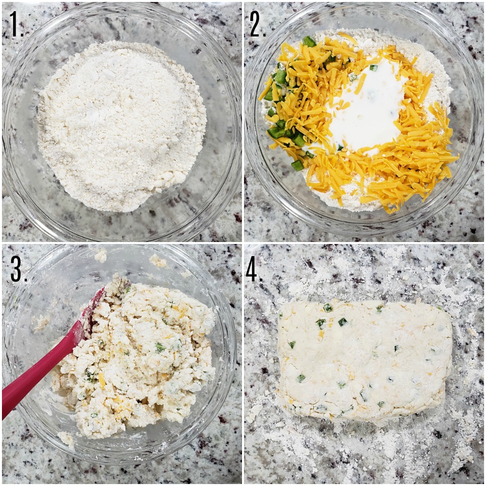 Mixing biscuit dough. in a bowl and folding it out onto a counter top.