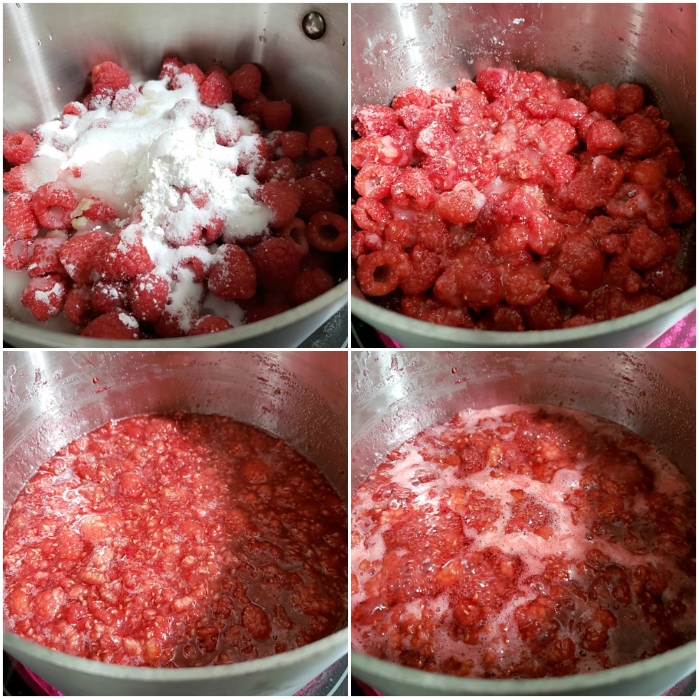 Making raspberry jam in a saucepan.