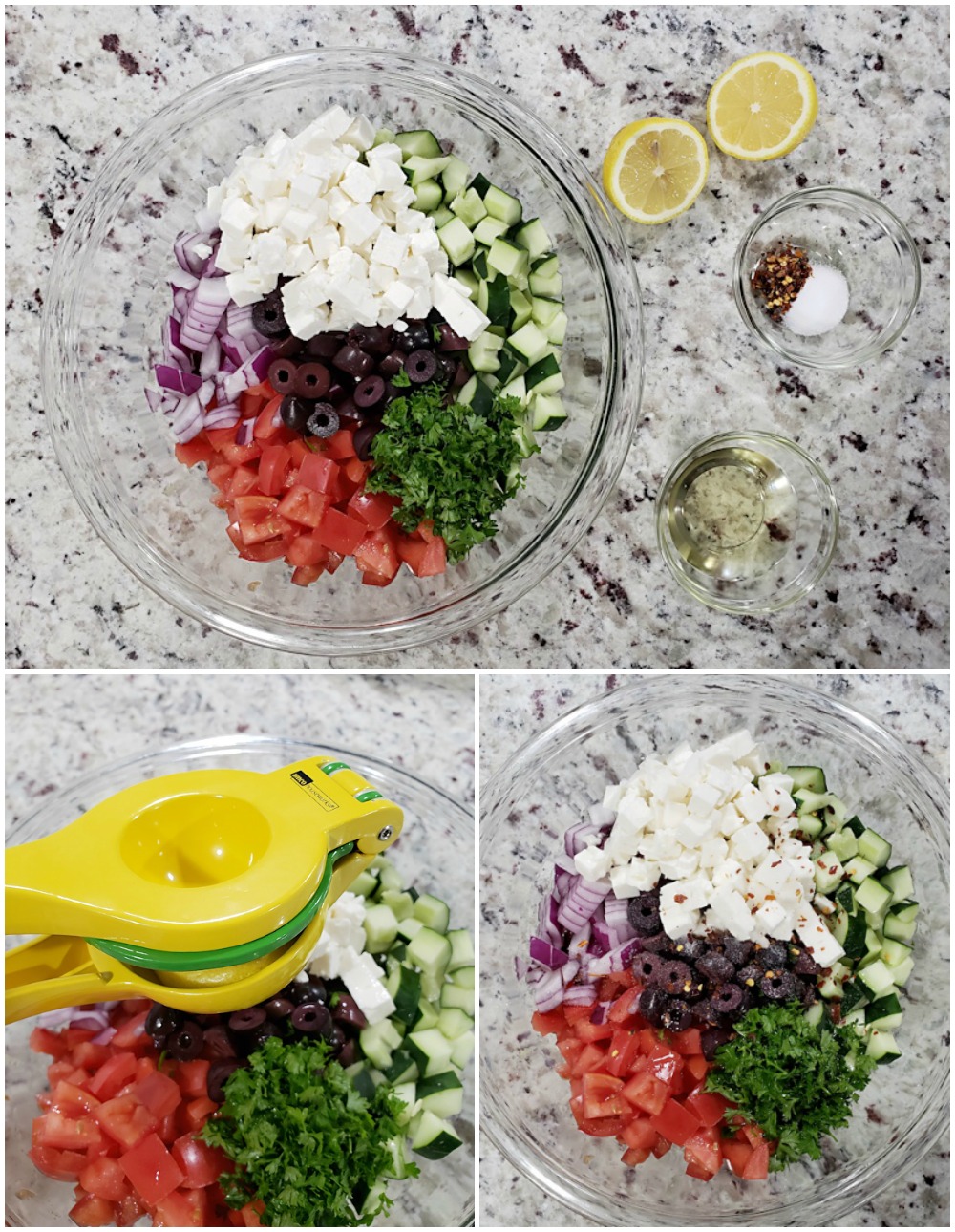 Adding the dressing to your salad ingredients.