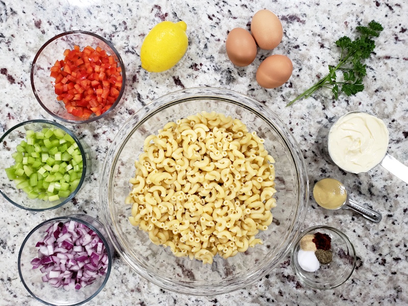 Ingredients for macaroni salad.