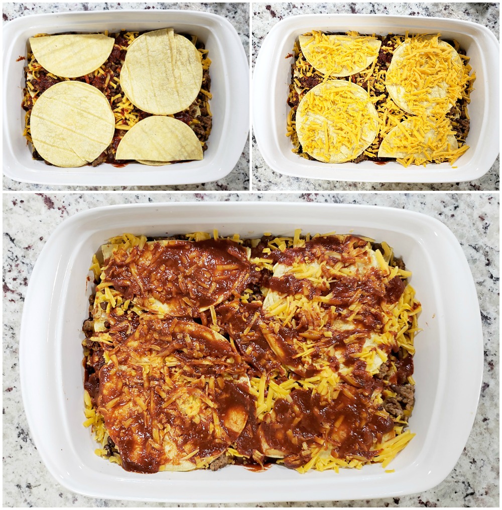 Adding the top layers to an enchilada casserole.
