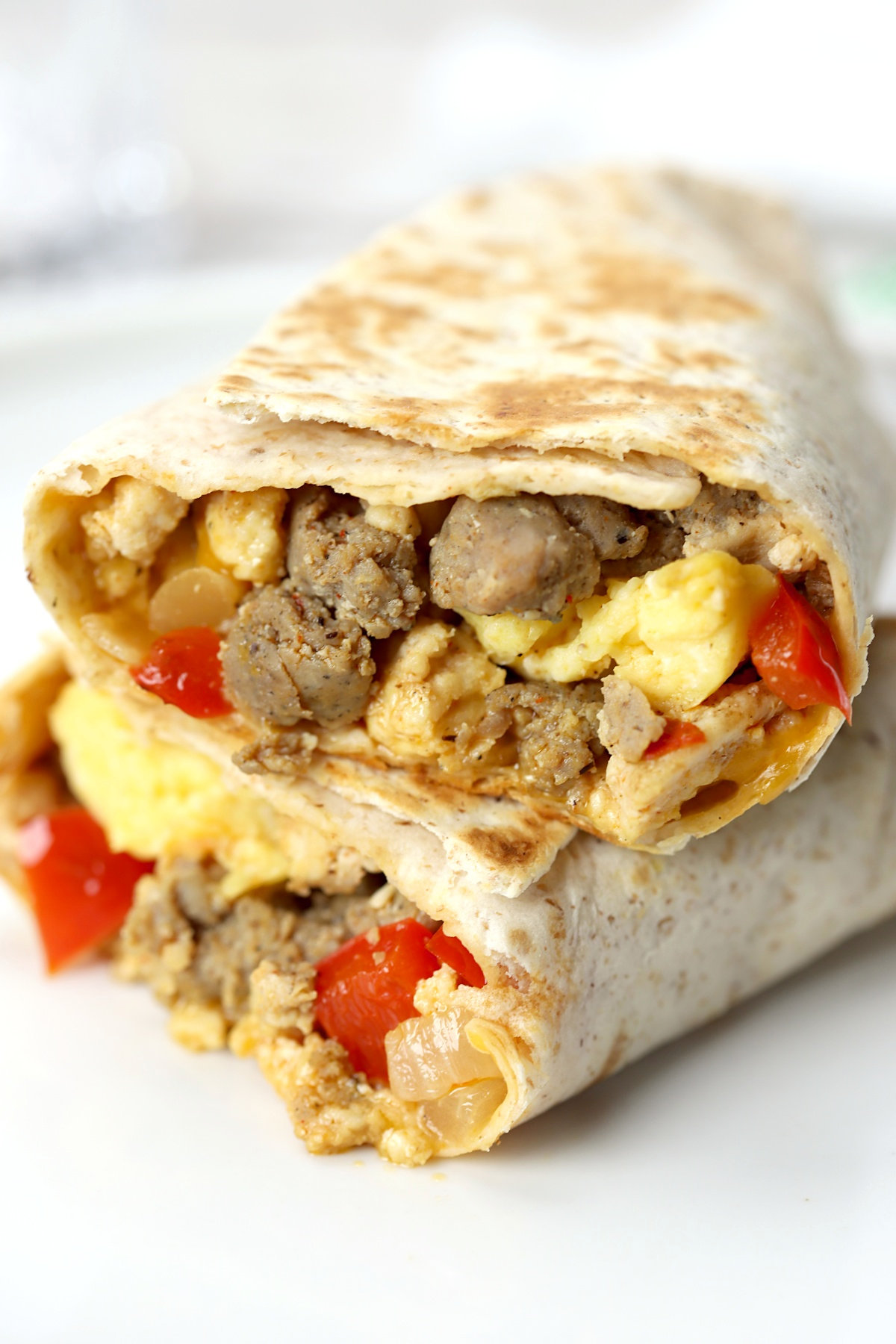 Close up of inside of a freezer breakfast burrito.