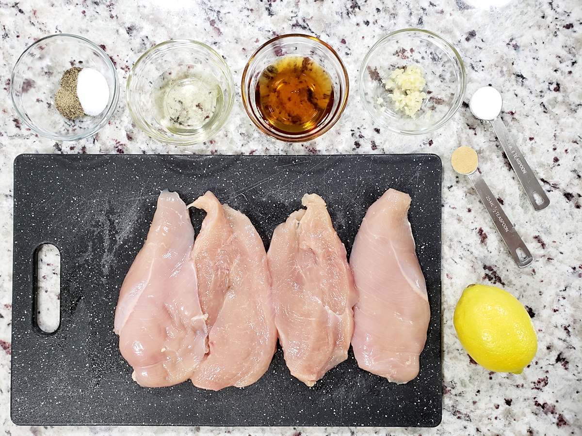 Ingredients for maple glazed chicken on a counter top.
