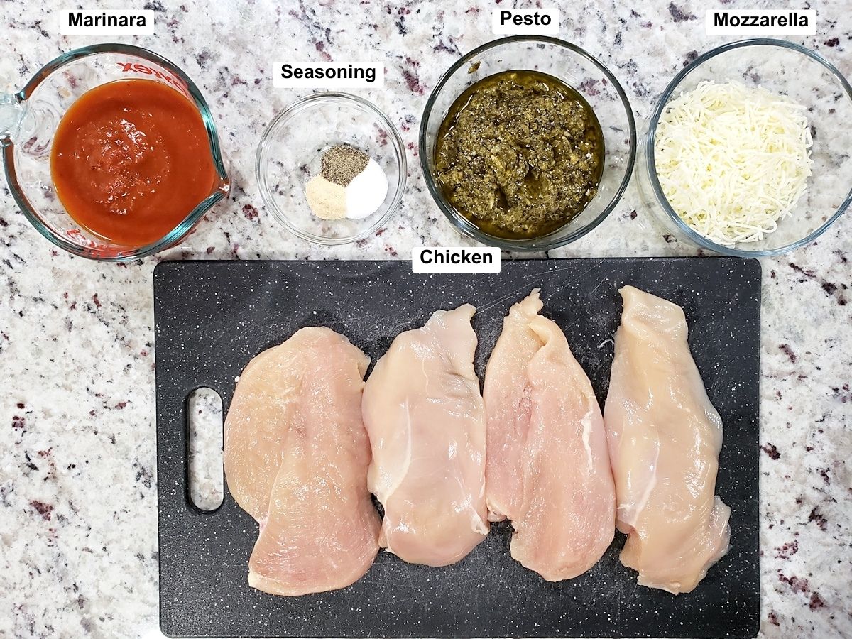 Ingredients for pesto mozzarella chicken.