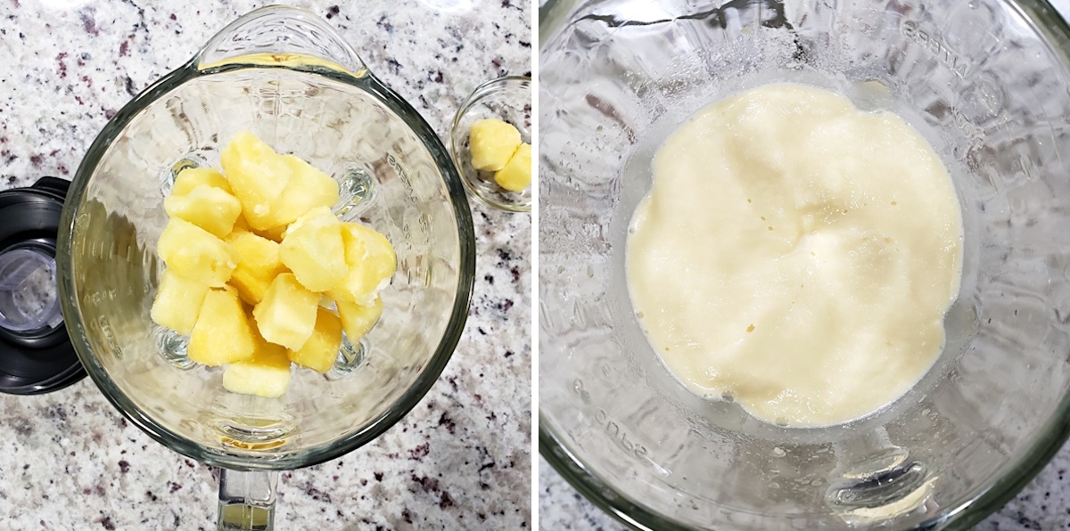 Mixing pineapple cubes in a blender.