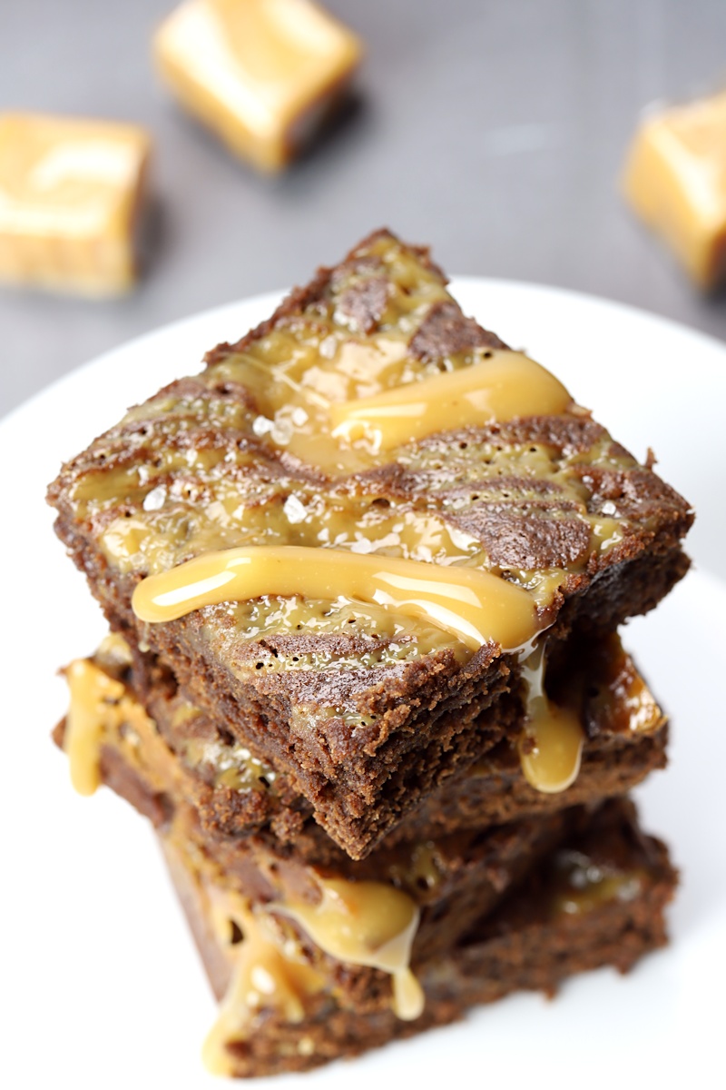 Caramel dripping from a brownie.