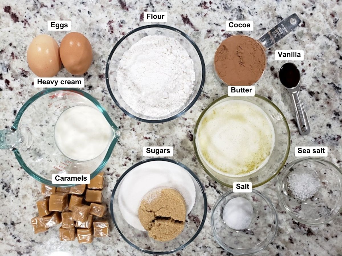 Ingredients for salted caramel brownies.