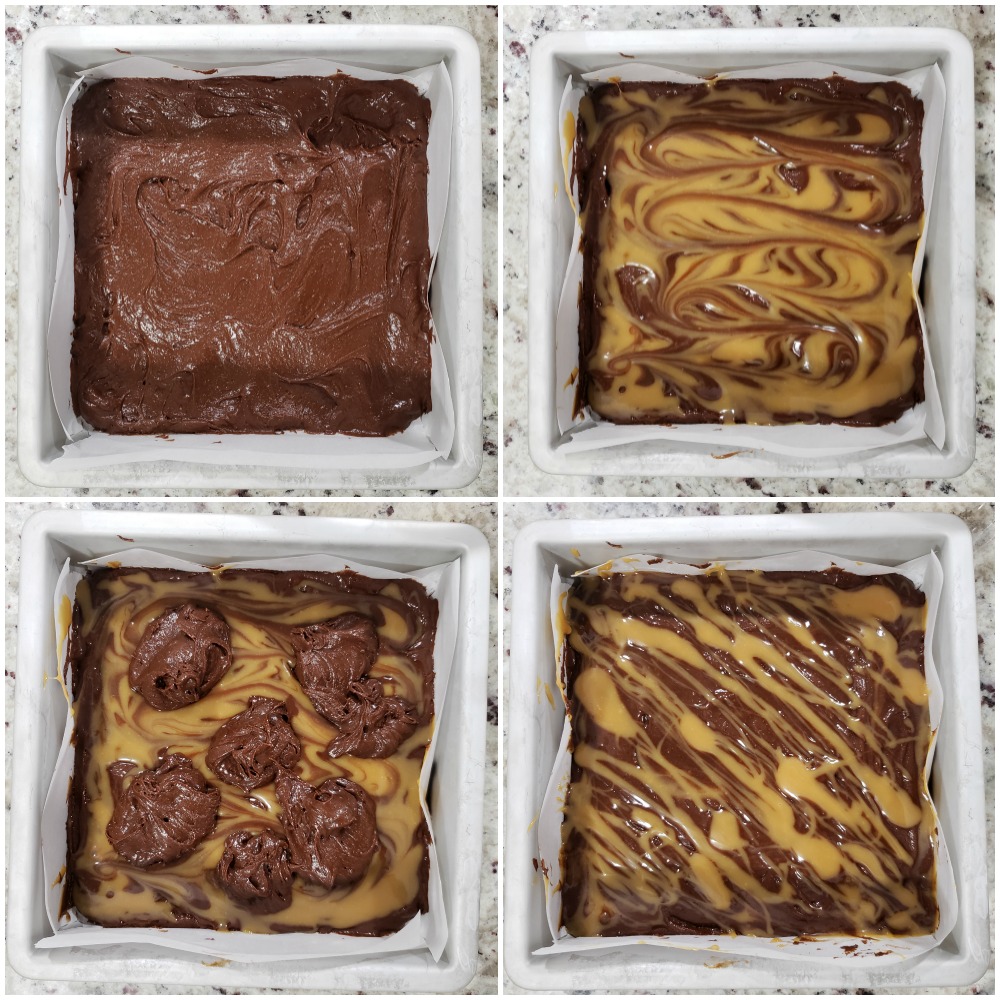 Pouring brownie batter alternating with caramel into a pan.