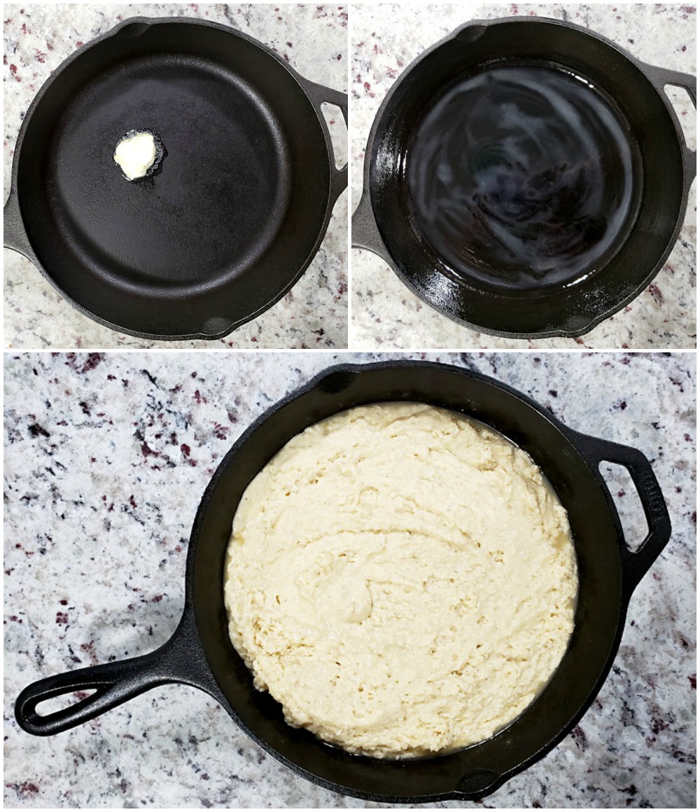 Buttering a cast iron skillet before adding batter.