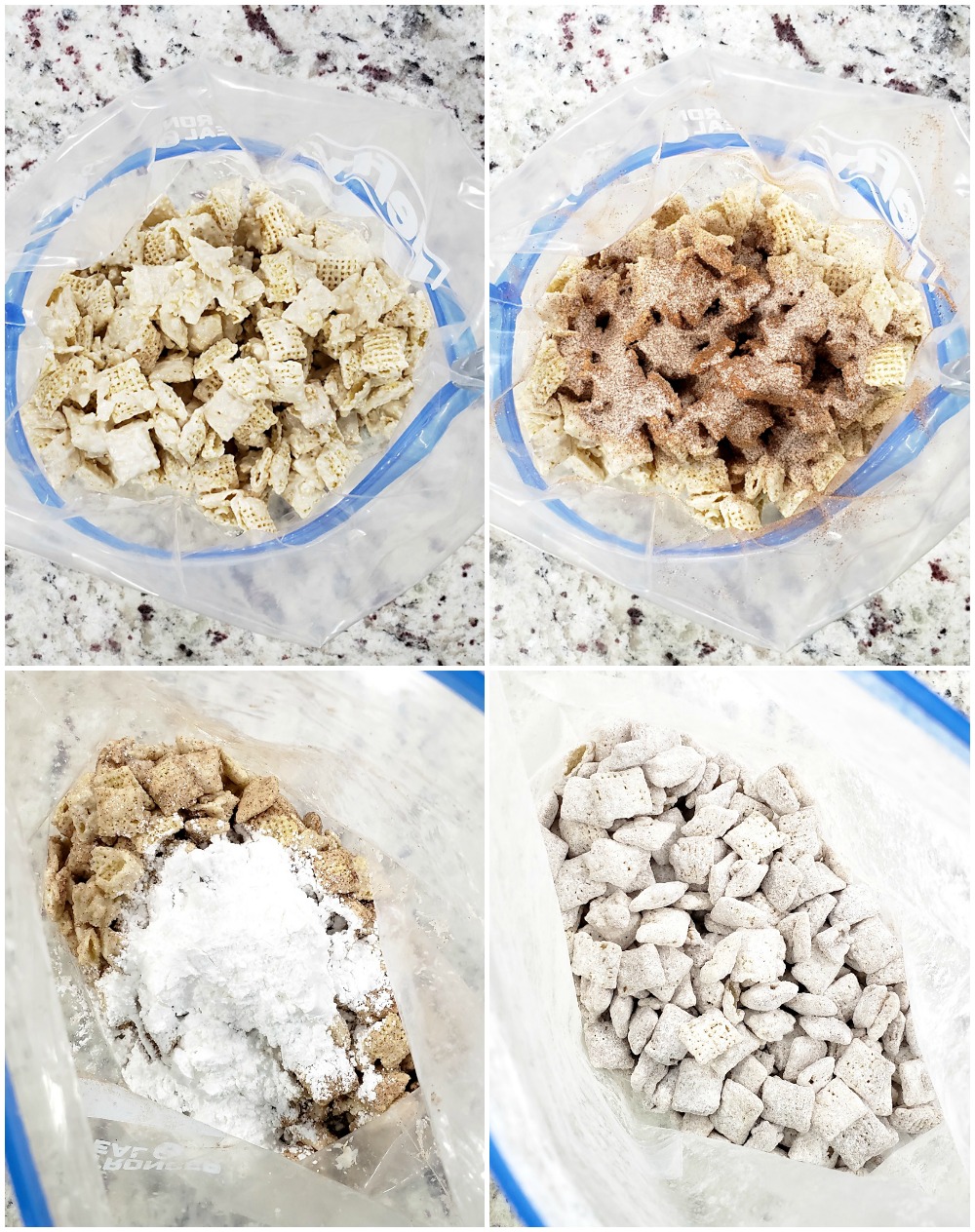 Mixing snickerdoodle puppy chow in a plastic bag.