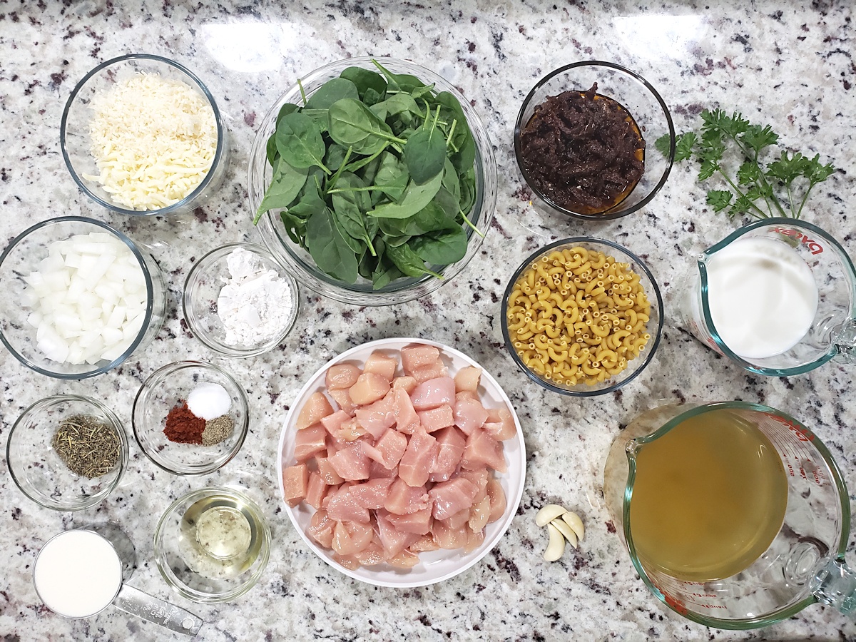 Ingredients for a meal laid out on a counter top.