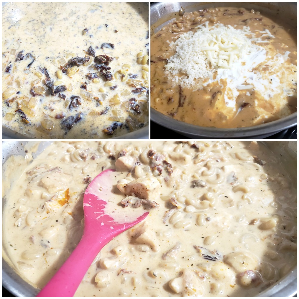 Adding cheeses to a pan of macaroni and cheese.