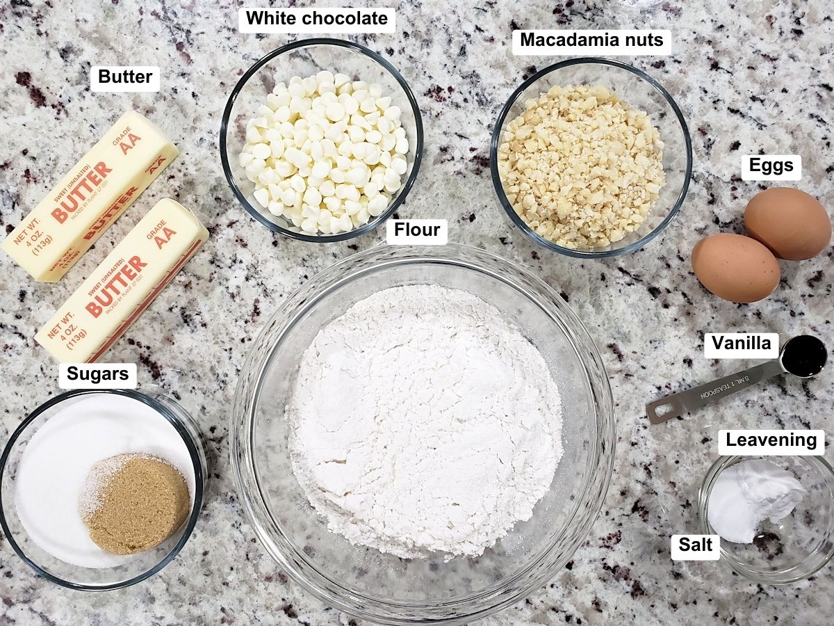 Ingredients for cookies laid out on a counter top.